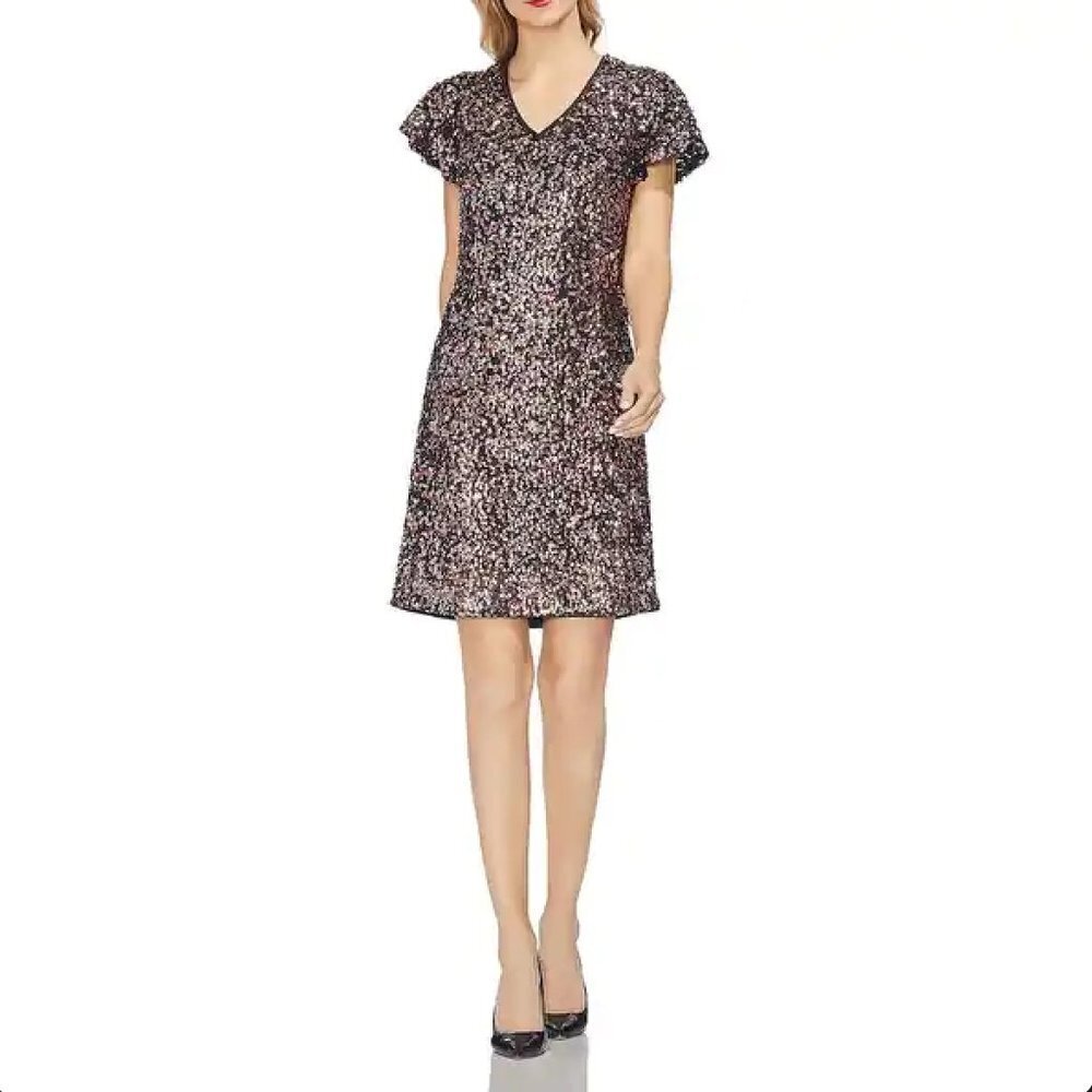 VINCE CAMUTO Pink Silver Sequin Flutter Sleeve V-Neck Mini Dress Size 2